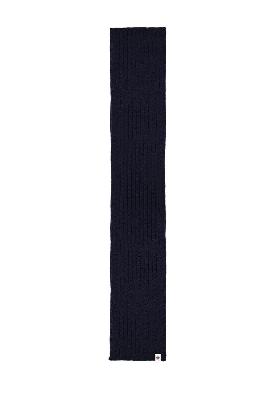 A navy blue ribbed knit wool scarf for men by Bally with subtle texture and a small white tag at the bottom