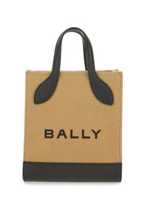 Bally women’s beige mini tote bag in tan canvas with black leather handles and base featuring bold bally logo