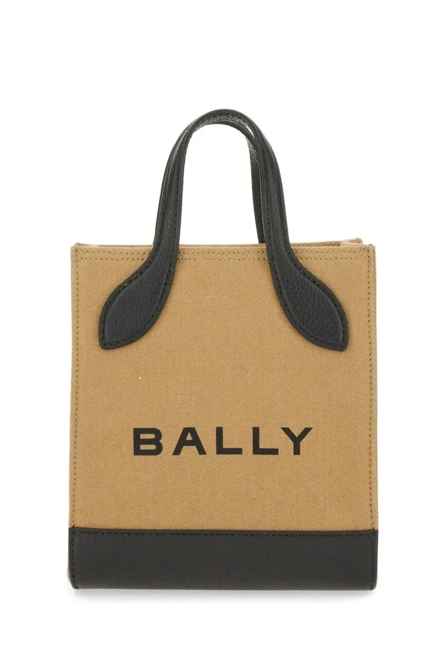 Bally women’s bag beige tan canvas mini tote with black leather handles and trim featuring bold black bally logo