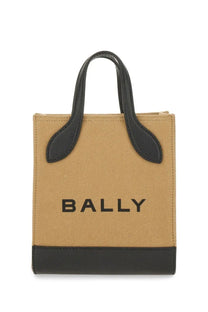 Bally women’s bag beige tan canvas mini tote with black leather handles and trim featuring bold black bally logo