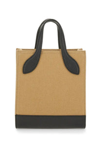 Bally women’s beige tan canvas mini tote bag with black leather handles and base ideal for everyday use