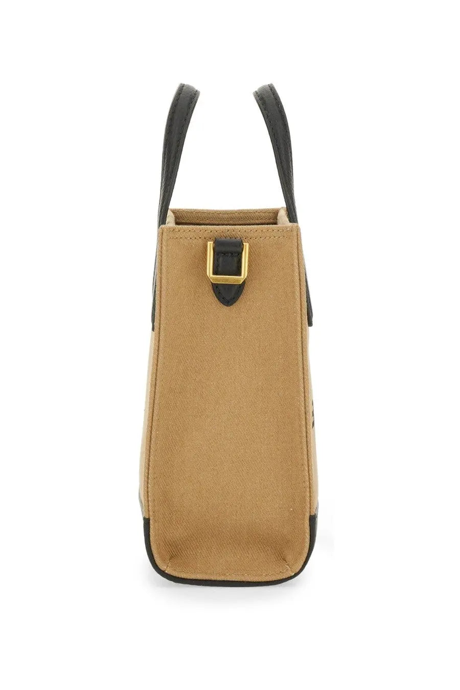 Bally women’s beige bag tan canvas tote bag with black leather handles trim and gold tone metal clasp