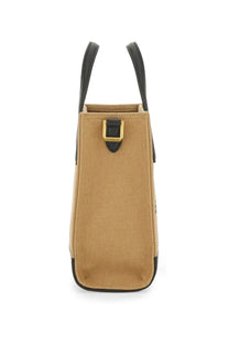 Bally women’s beige bag tan canvas tote bag with black leather handles trim and gold tone metal clasp