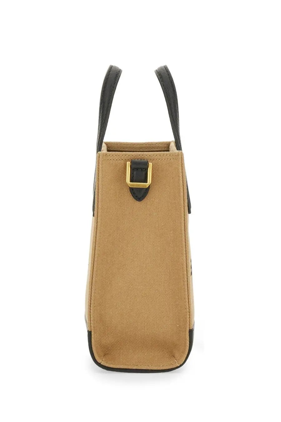 Bally women’s beige canvas tote bag with black leather handles trim and gold tone metal clasp