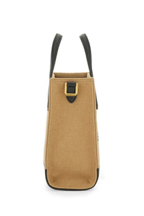 Bally women’s beige canvas tote bag with black leather handles trim and gold tone metal clasp