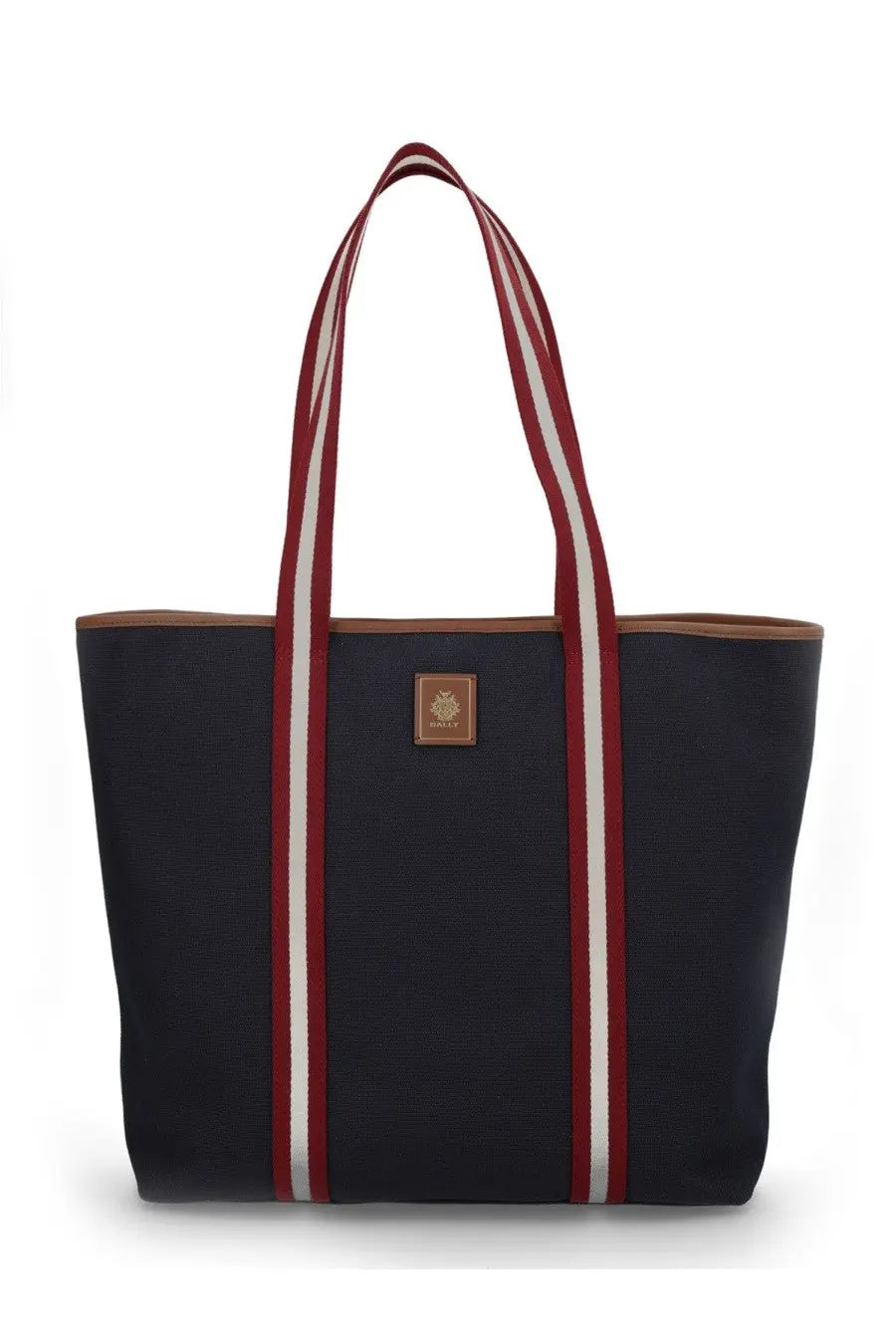 Navy blue canvas Bally women eb ribbon tote bag with red and white striped handles and brown leather patch