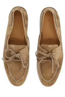 Bally women’s mocassino plum brown tan suede boat shoes with matching laces and metallic eyelets