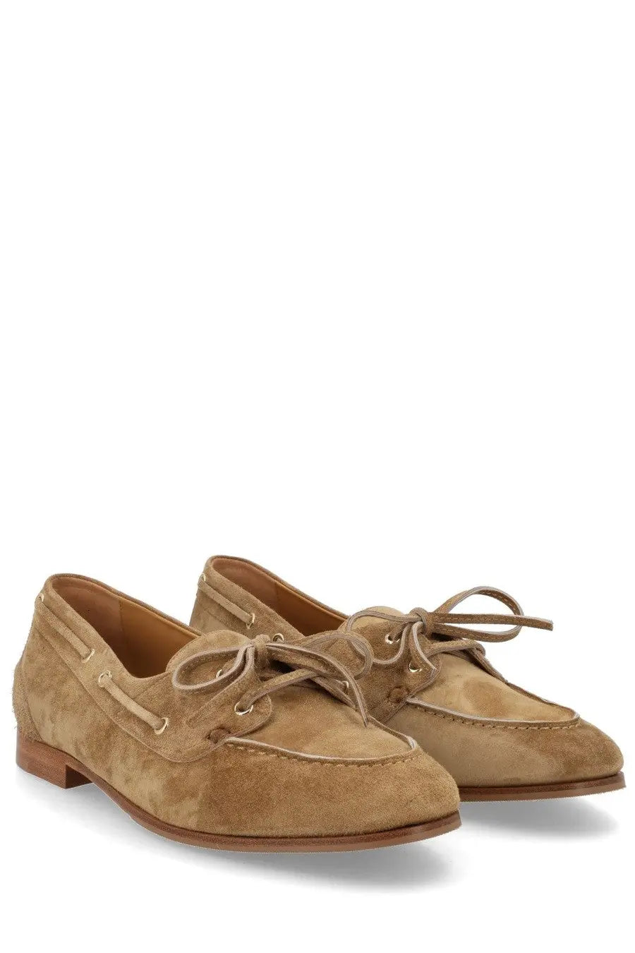 Bally women’s mocassino plum brown tan suede boat shoes with matching laces and low heel front view