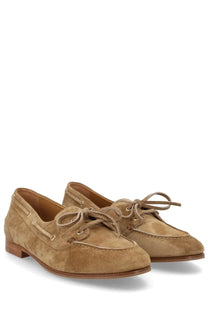 Bally women’s mocassino plum brown tan suede boat shoes with matching laces and low heel front view