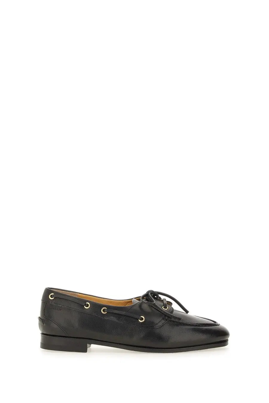 Bally women’s moccasin plume black leather lace-up loafer with gold-tone eyelets and low heel