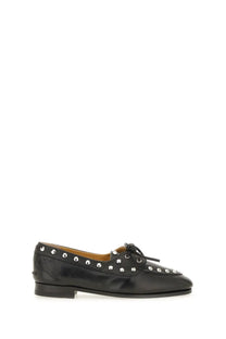 Black leather loafer with silver studs and lace-up front from bally women’s moccasin plume collection