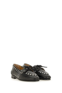 Bally womens moccasin plume black leather loafers with silver studs along the toe and side