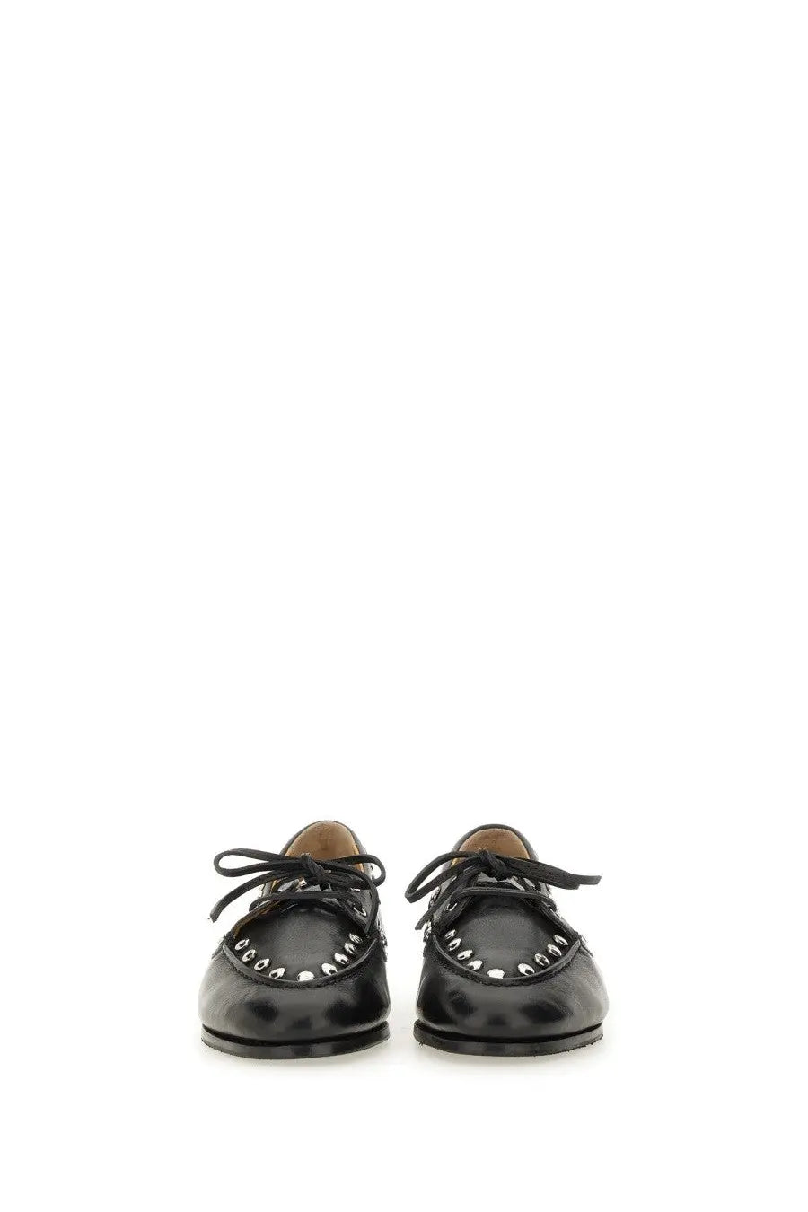 Bally women’s moccasin plume black leather loafers with silver studs along the toe for stylish wear