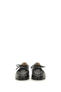 Bally women’s moccasin plume black leather loafers with silver studs along the toe for stylish wear