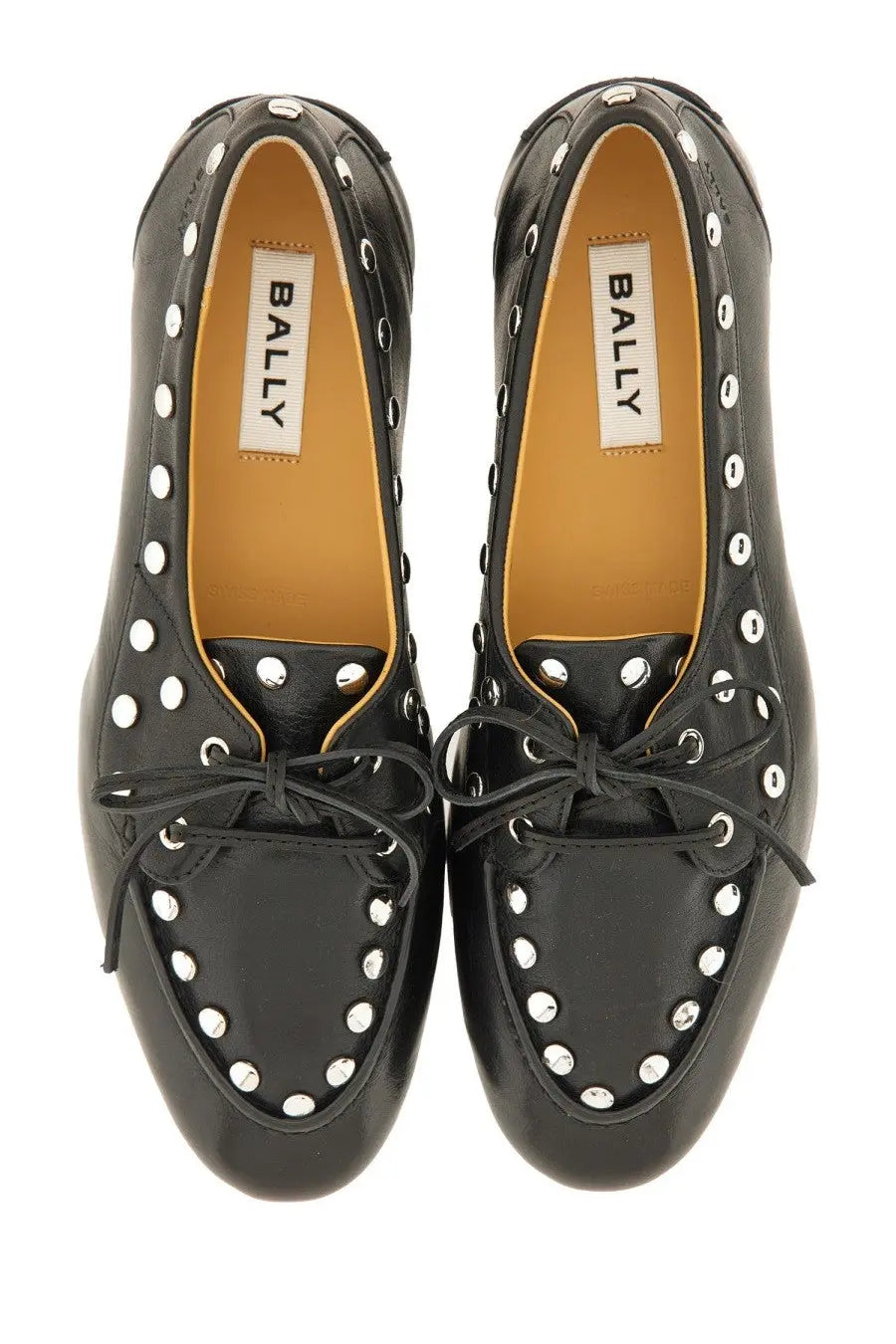 Bally women’s moccasin plume black bally loafers with silver studs and tied lace details in leather