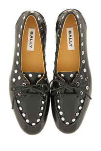 Bally women’s moccasin plume black bally loafers with silver studs and tied lace details in leather