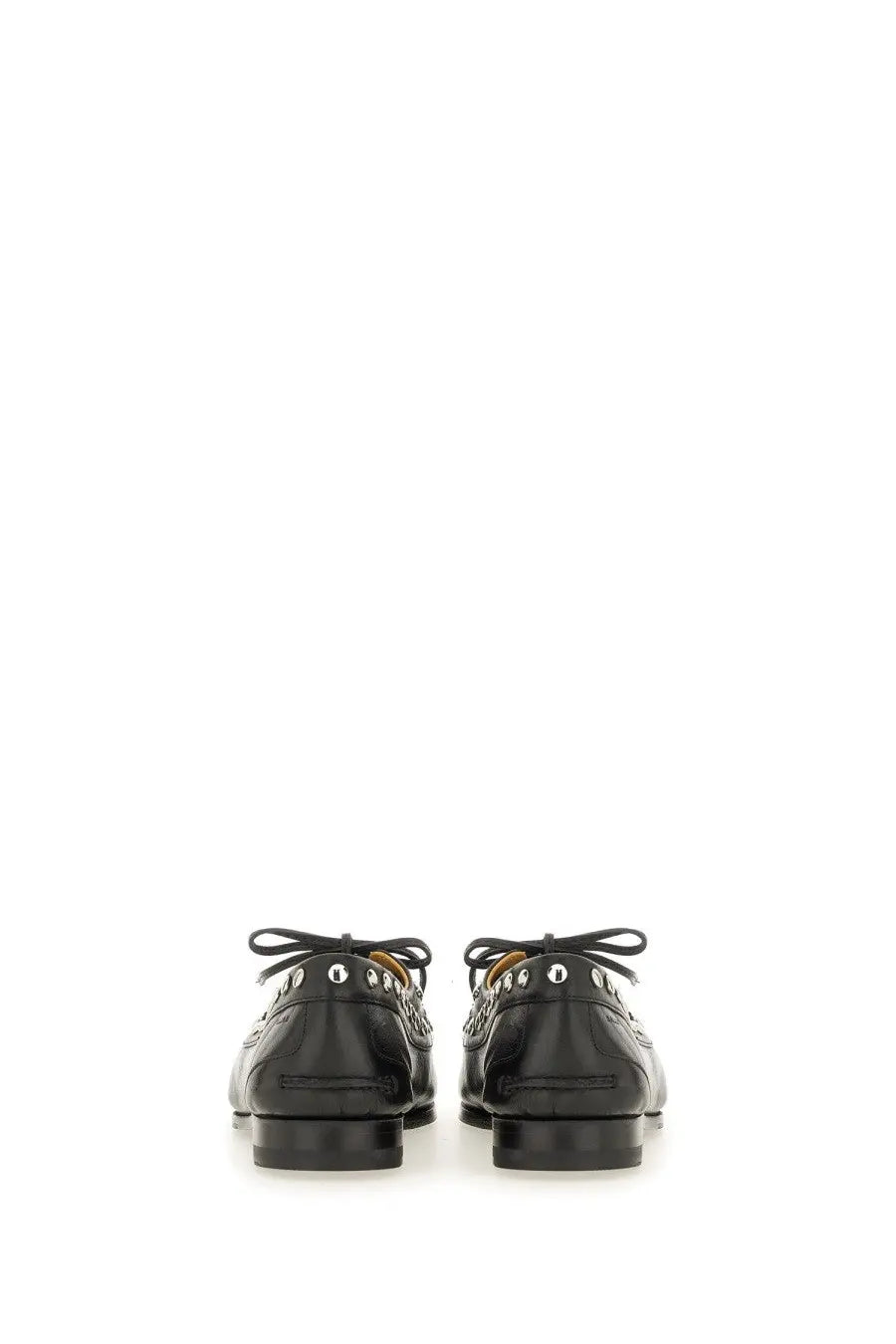 Bally women’s moccasin plume black patent leather loafers with silver-toned studs and classic lace-up design