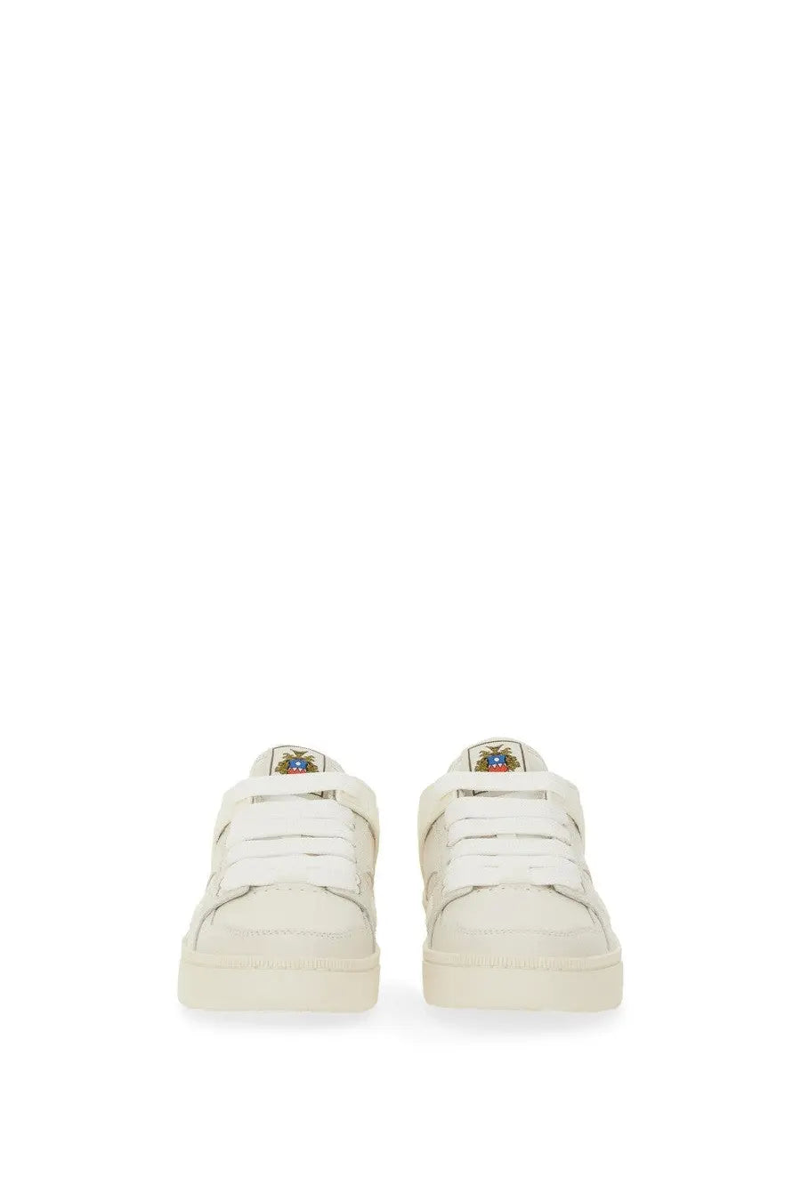 Cream-colored leather bally women’s ronnie sneaker with white laces and embroidered logo on the tongue