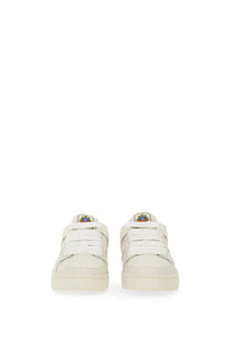 Cream-colored leather bally women’s ronnie sneaker with white laces and embroidered logo on the tongue
