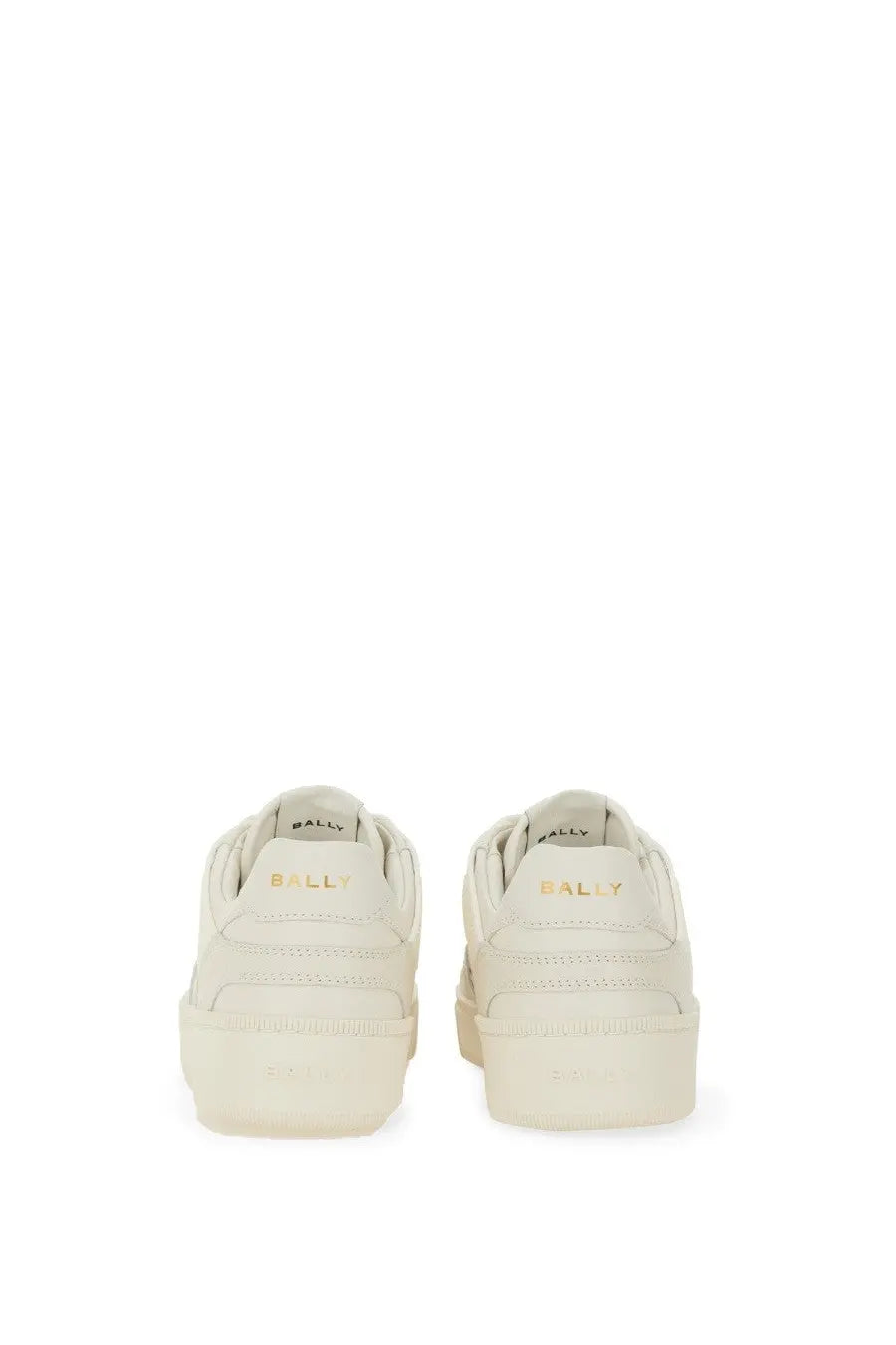 Cream-colored bally women’s ronnie platform sneakers with sleek minimalist design and subtle gold branding on heel back side