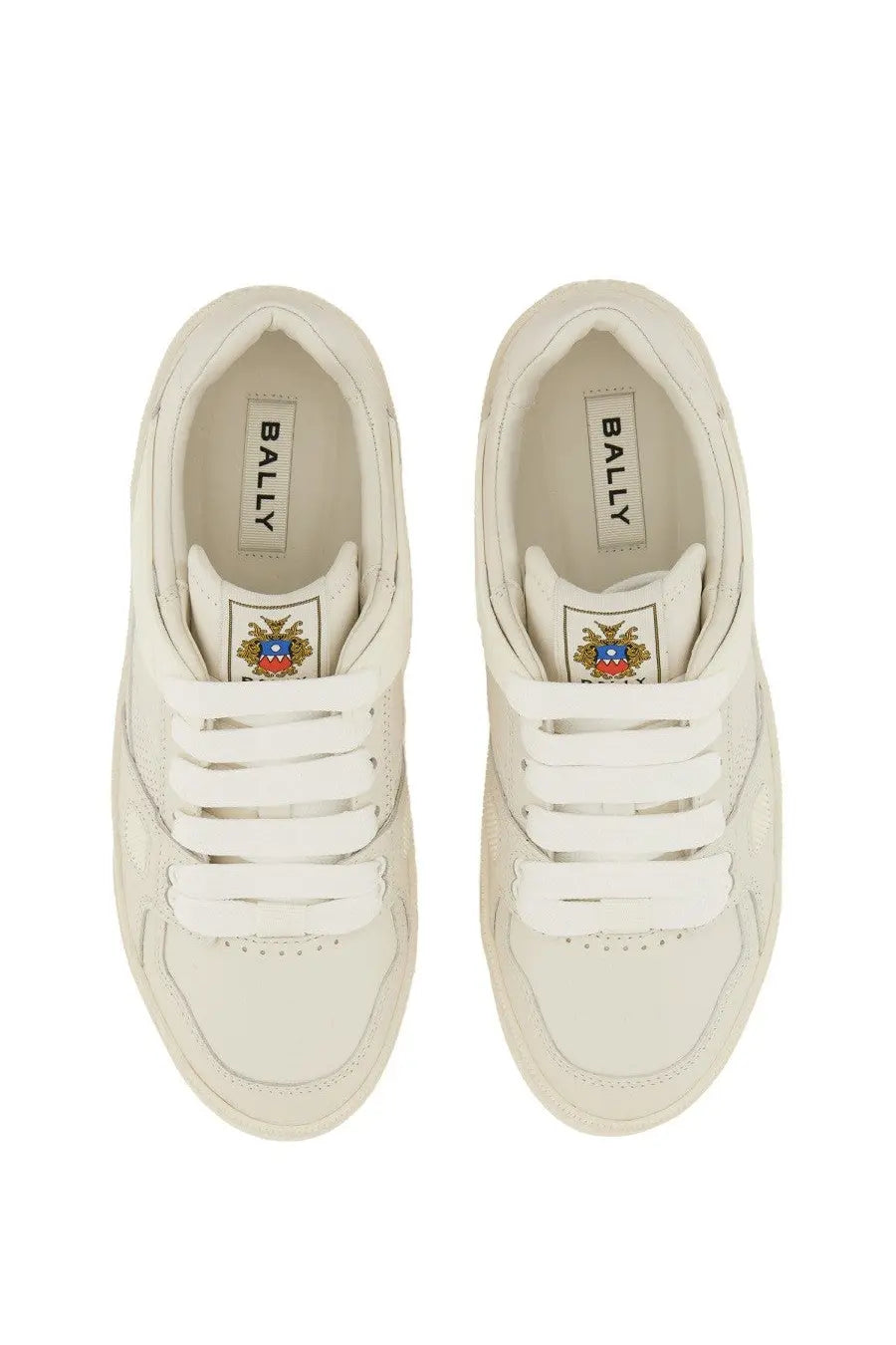 Bally women’s ronnie sneaker in cream with white laces and subtle embroidered crest on the tongue