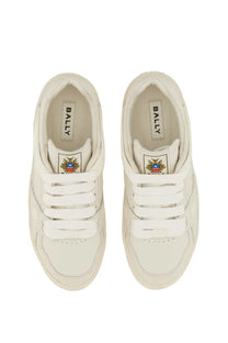 Bally women’s ronnie sneaker in cream with white laces and subtle embroidered crest on the tongue
