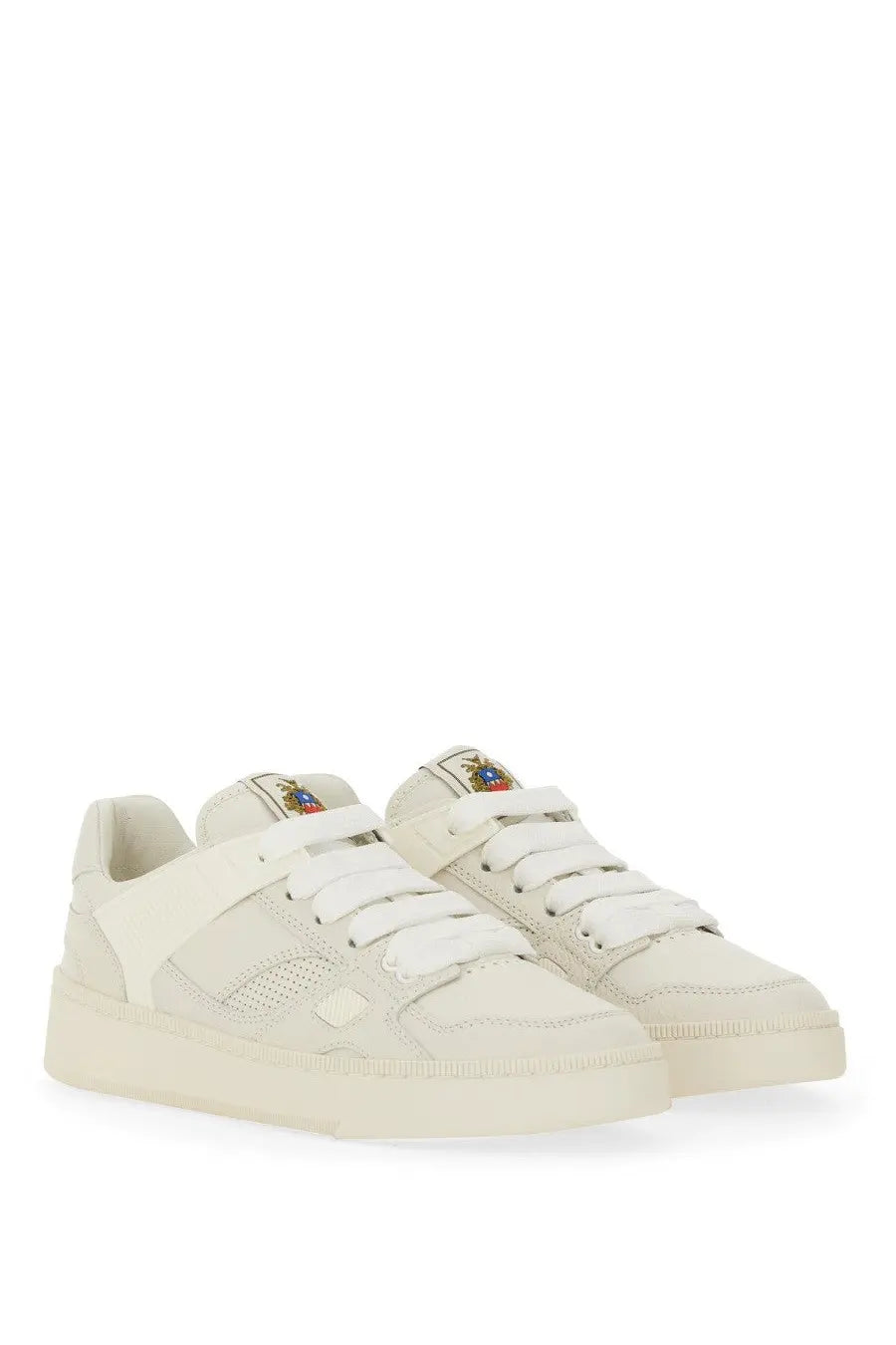 Bally women’s Ronnie sneaker in cream-colored suede and mesh with white laces and chunky rubber sole