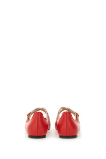 Bally women’s red leather ballet flats with gold-tone buckle straps for stylish comfortable wear