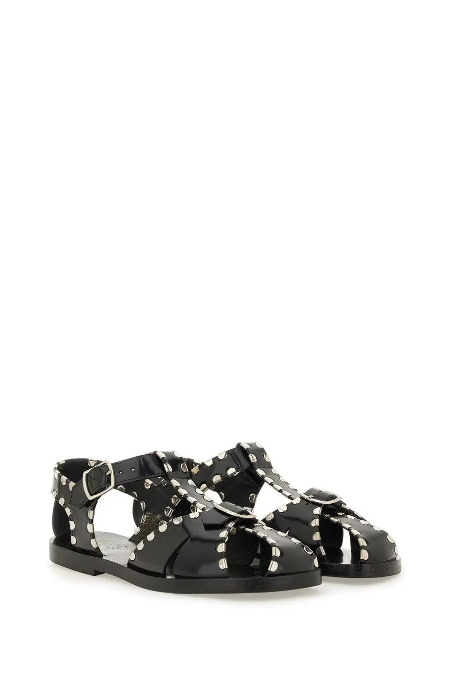 Bally women’s black leather sandals with silver-toned studs and buckle details