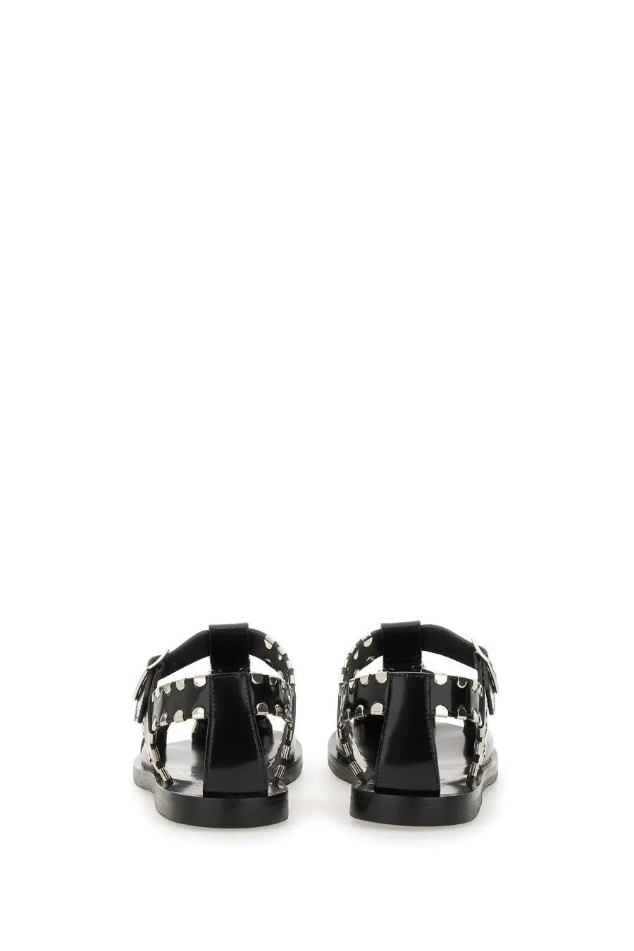 Bally women’s sandal pasely black black patent leather t-strap sandals with silver studs and open toe design