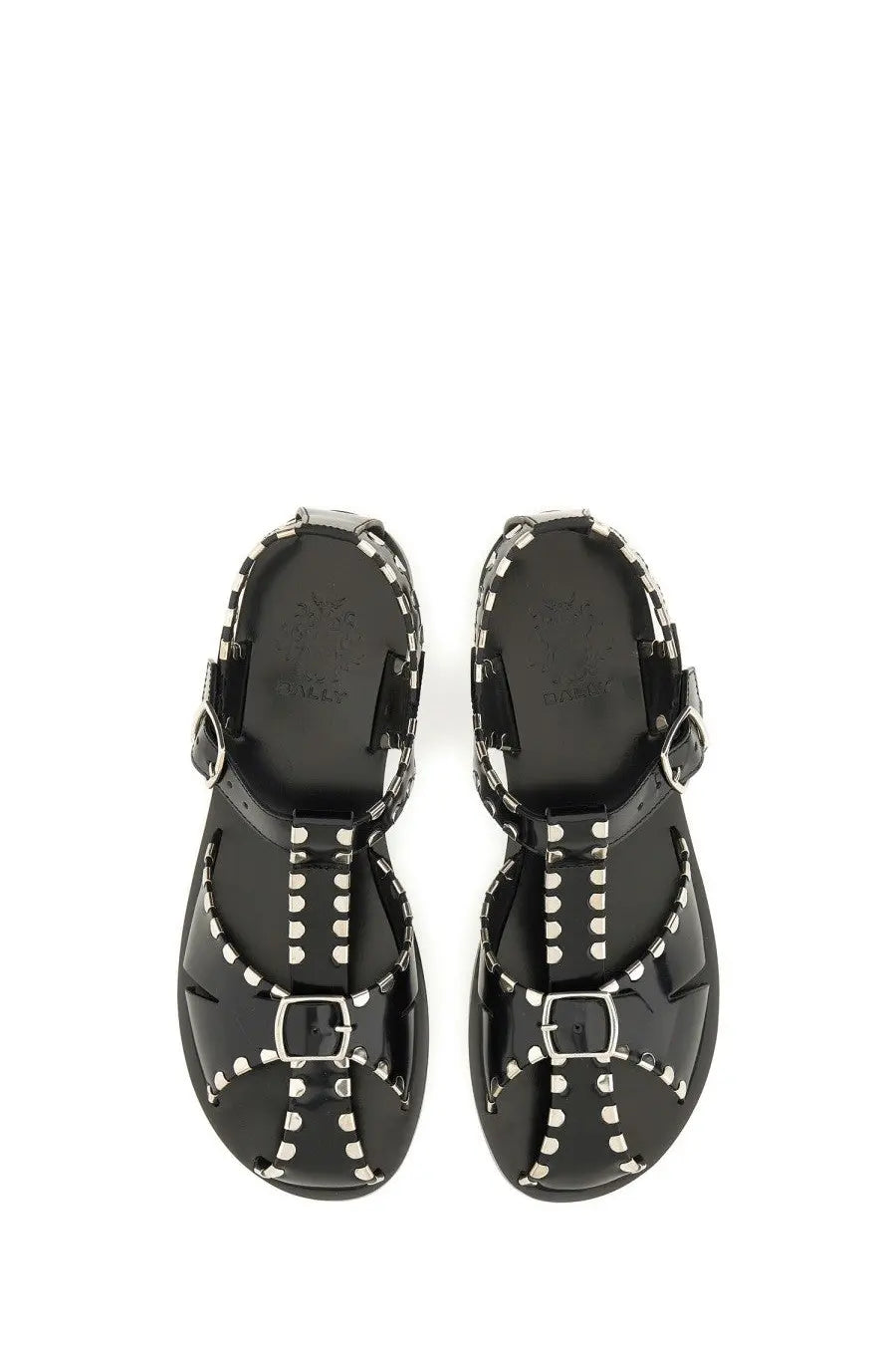 Bally women’s sandal pasely black patent leather sandals with silver-toned metal buckles and studs