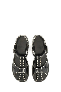 Bally women’s sandal pasely black patent leather sandals with silver-toned metal buckles and studs