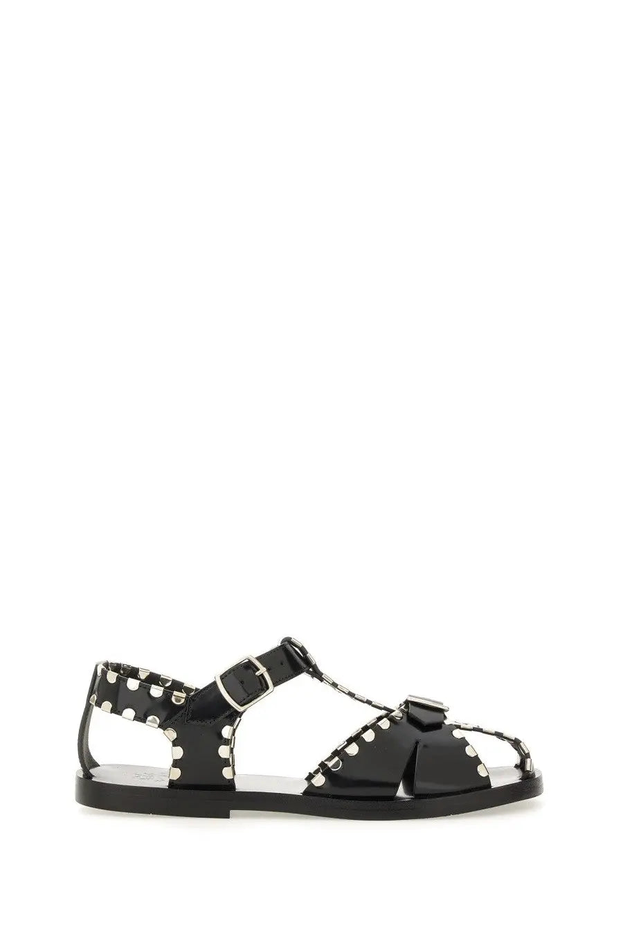 Bally women’s black patent leather t-strap sandal with silver stud embellishments