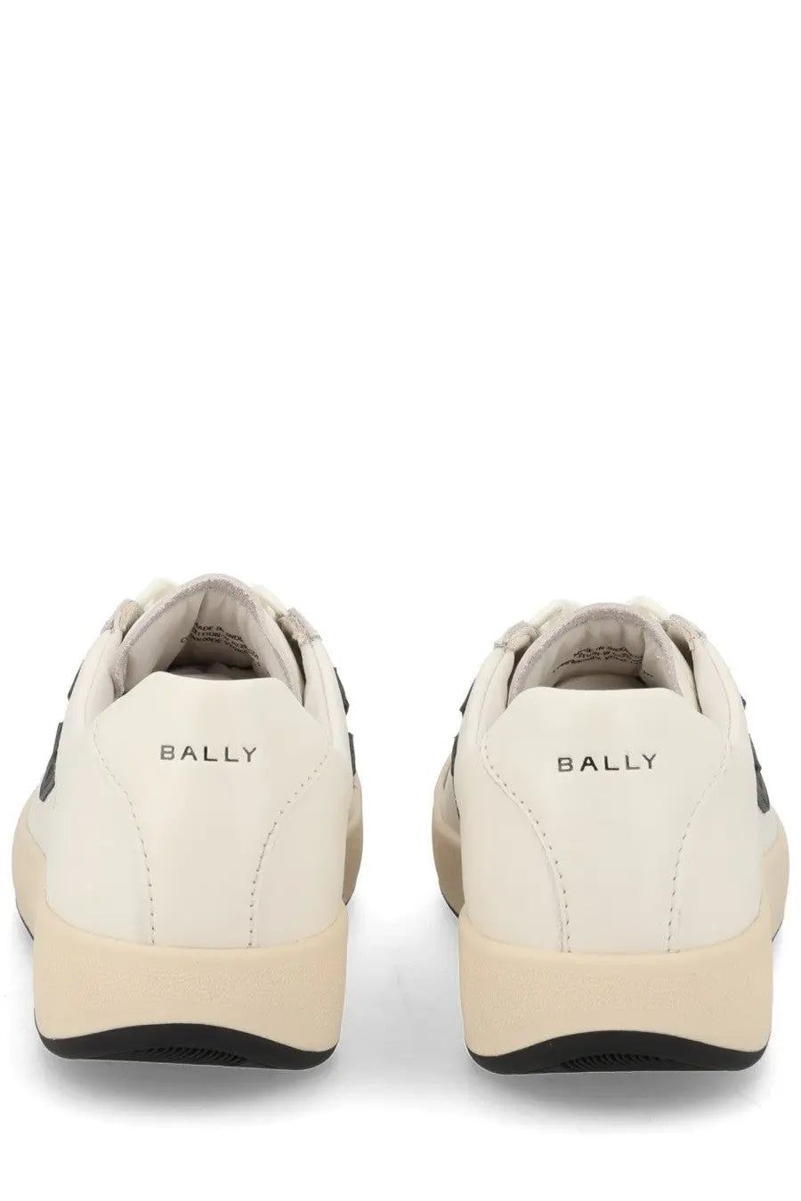 Bally women’s sneaker competition white cream leather upper with black heel accents shown from the back side