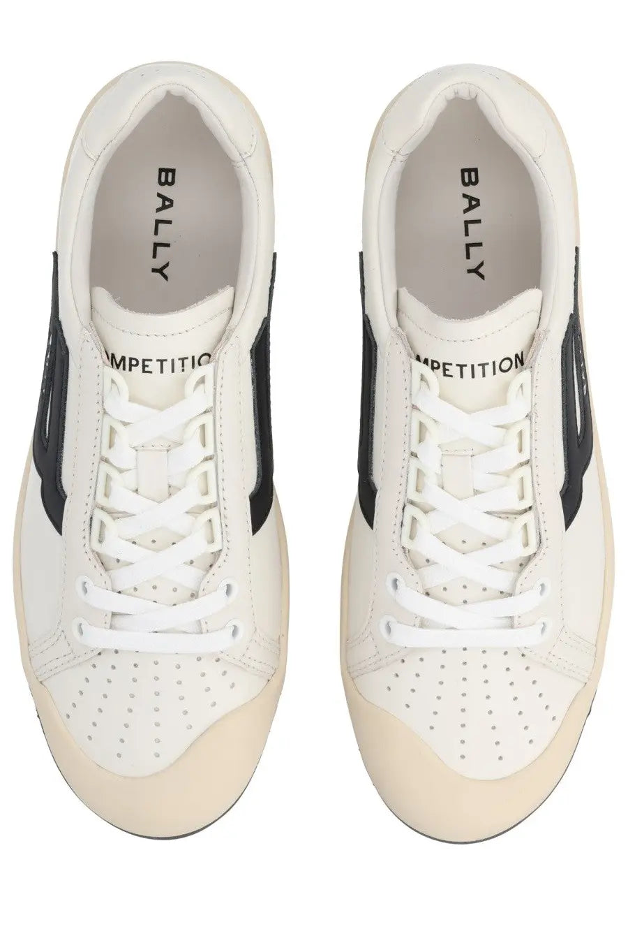 Bally women’s sneaker competition white featuring white leather, black side panels, and beige rubber soles