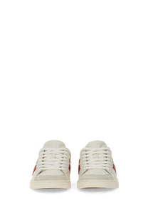 Bally women’s tyger sneaker white cream leather with red side stripes casual sneaker front view