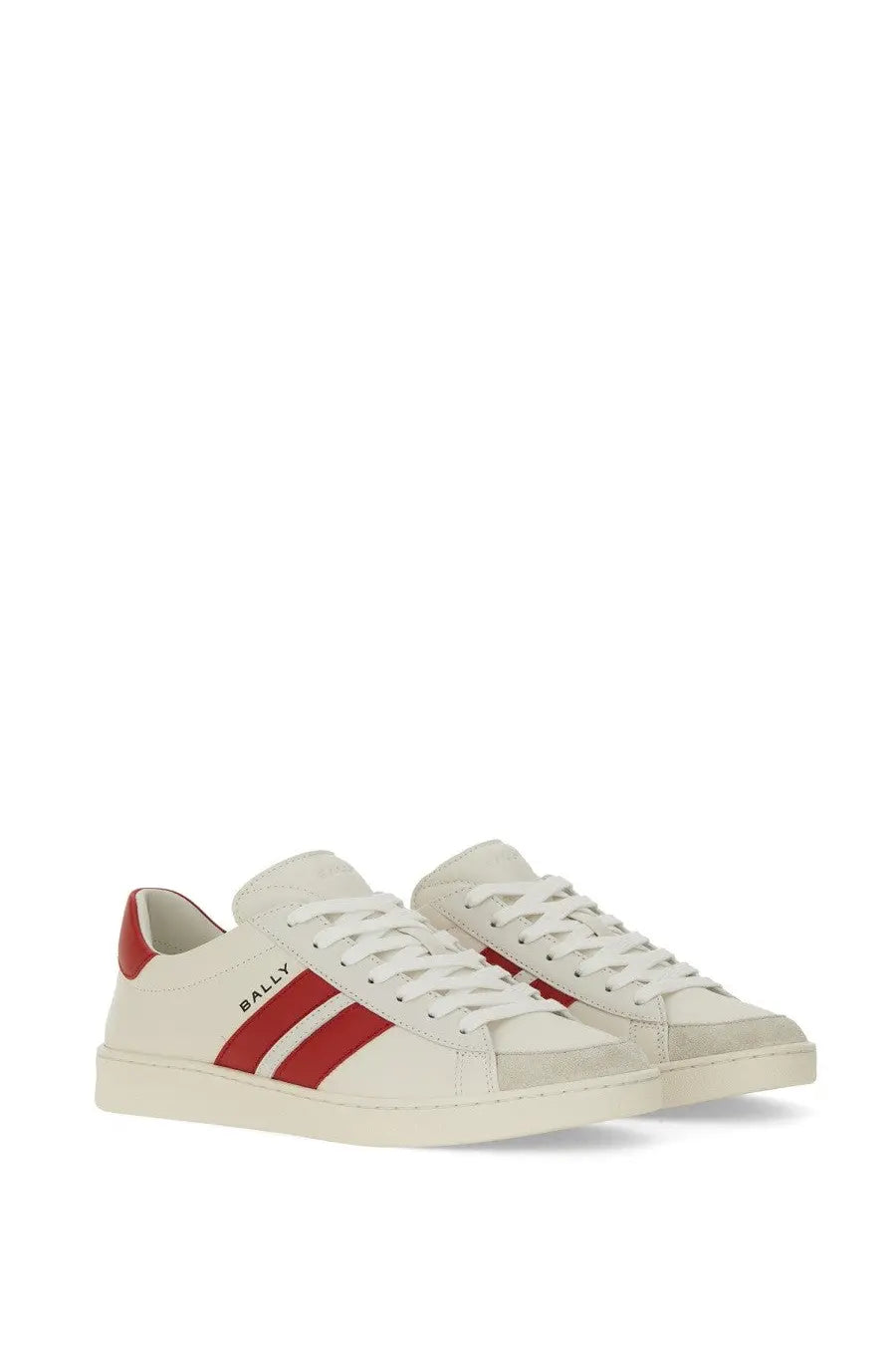 Bally women’s tyger sneaker white cream-colored with bold red stripes and matching heel accents shown from back side