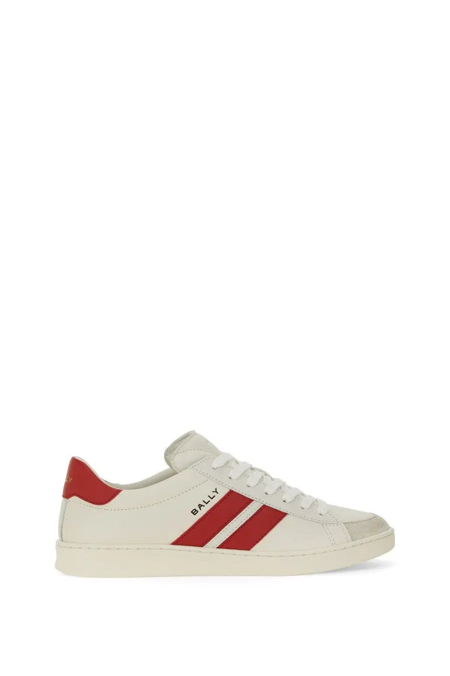 Bally women’s tyger sneaker white leather with bold red stripes and matching red heel tab visible from back side
