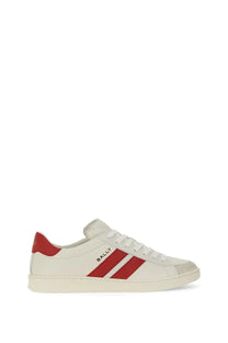 Bally women’s tyger sneaker white leather with bold red stripes and matching red heel tab visible from back side