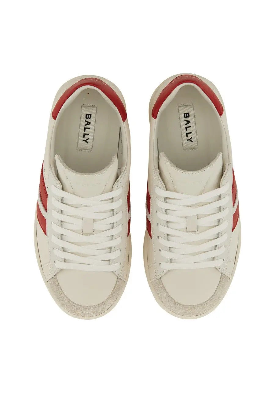 Bally women’s tyger sneaker white leather with red heel and side stripes visible from the back side