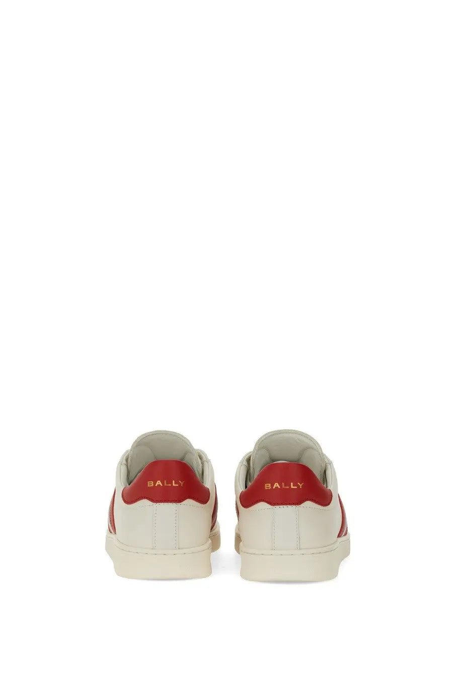 White leather bally women’s tyger sneaker with red accents and gold branding on the heel shown from the back side