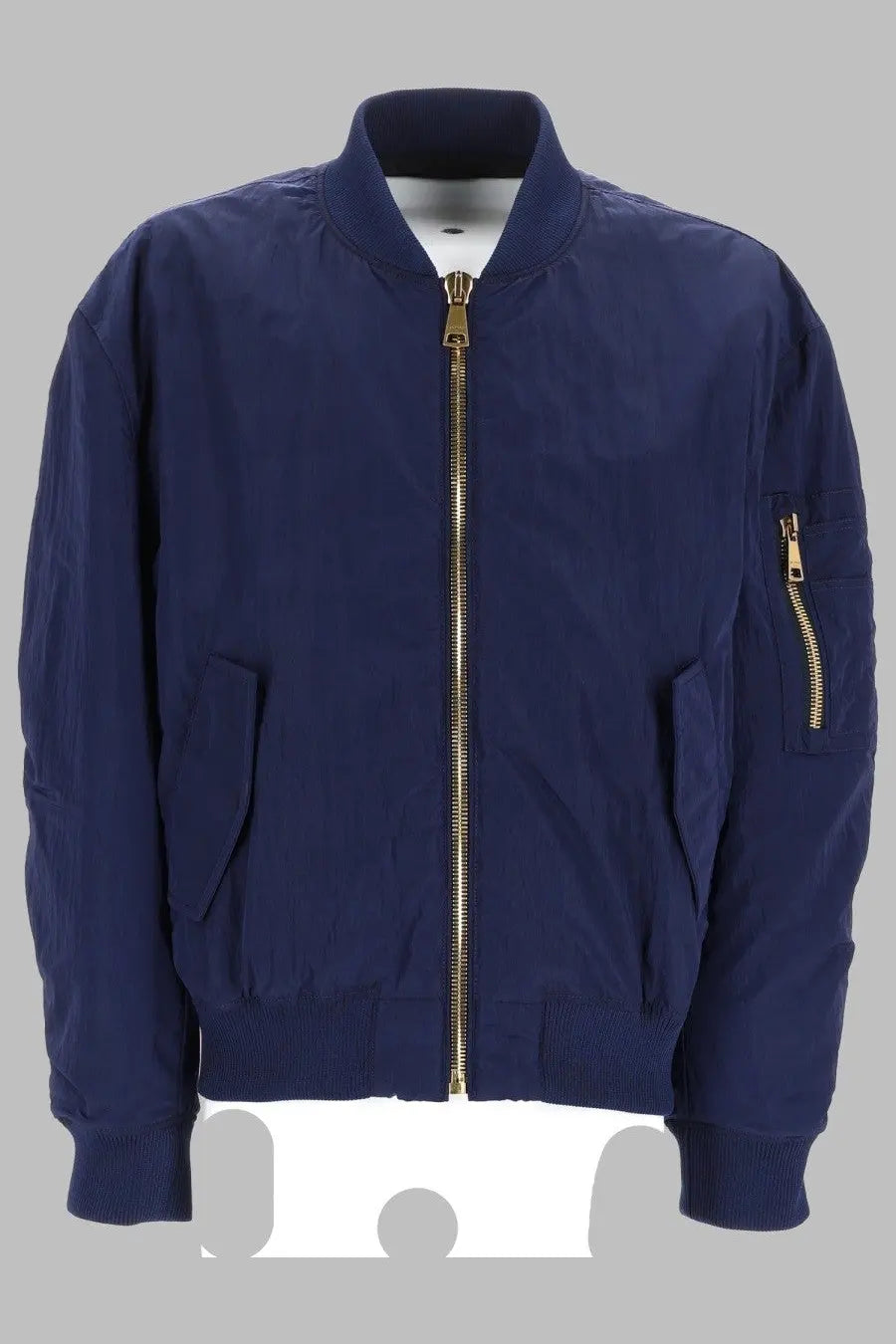 Balmain men’s navy blue bomber jacket with gold-tone zipper accents and ribbed cuffs in a bomber con ricamato style