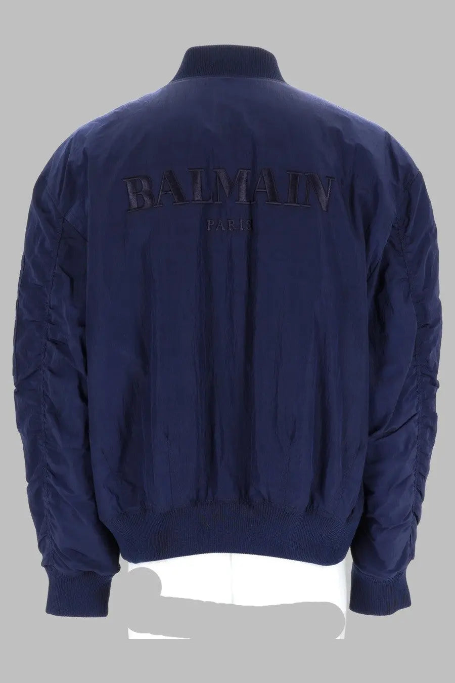 Navy blue balmain men’s bomber jacket with quilted sleeves and ribbed cuffs in con ricamato blue style