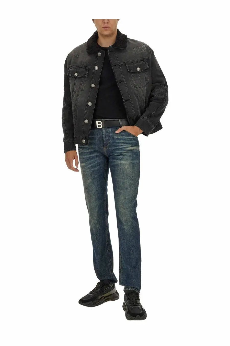 Balmain men’s destroyed black denim jacket with plush collar and silver-toned buttons front view