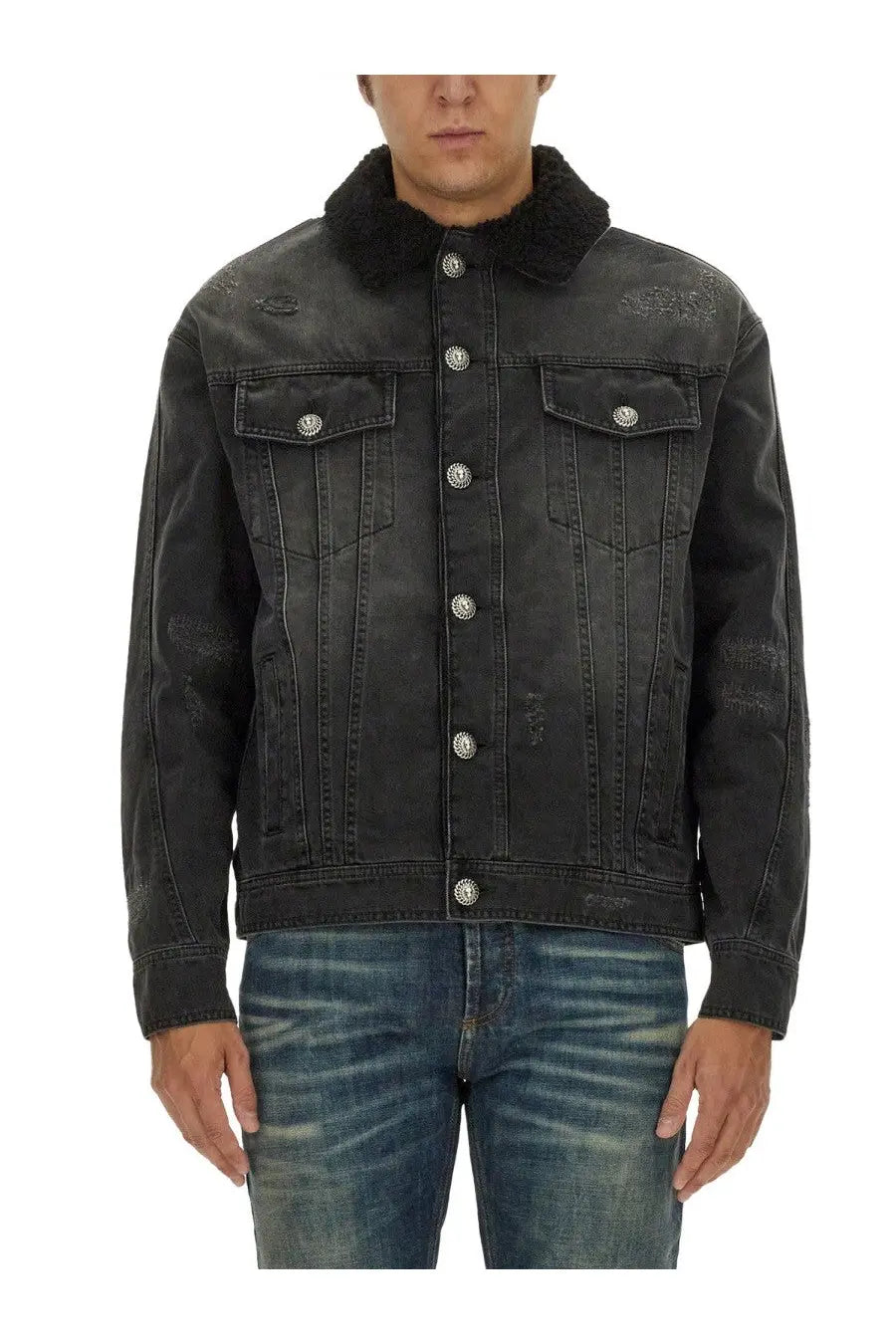 Balmain men’s destroyed black denim jacket with plush shearling collar and silver toned buttons