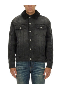 Balmain men’s destroyed black denim jacket with plush shearling collar and silver toned buttons