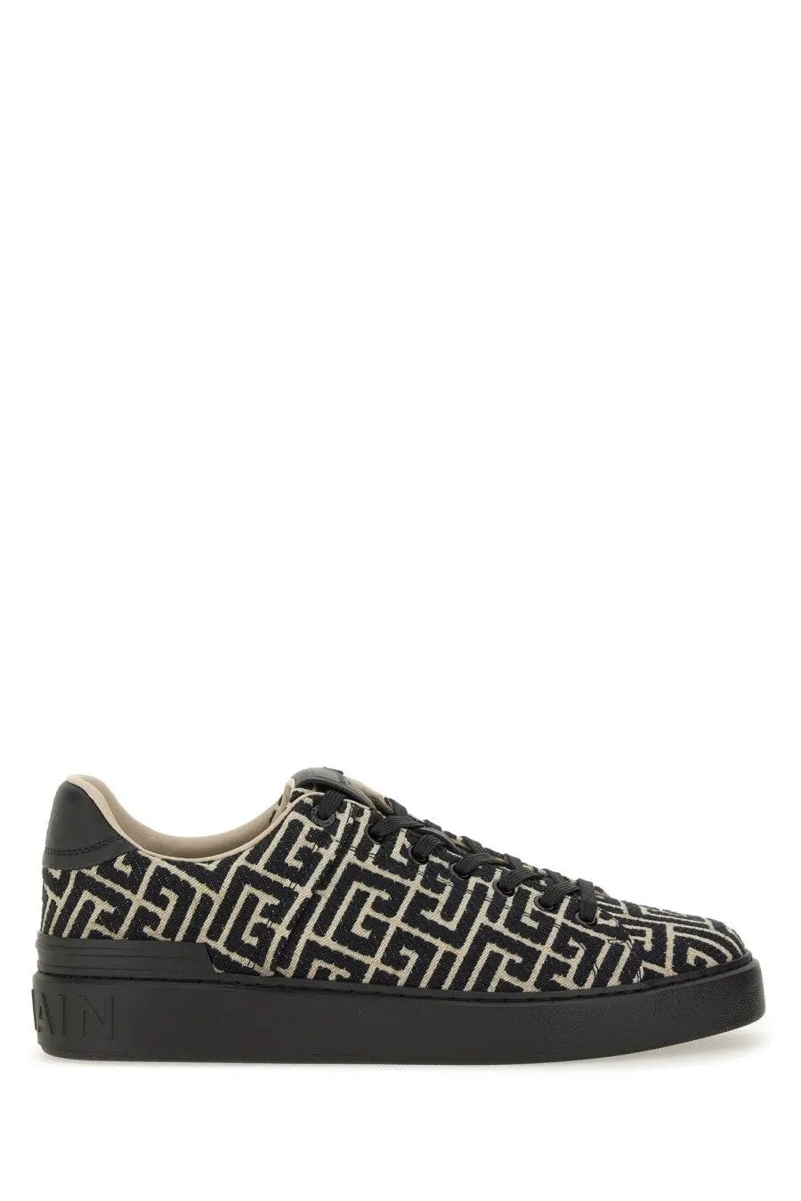 Balmain men’s jacquard court sneakers black with black and cream geometric pattern textured fabric upper and rubber sole