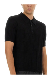 Balmain men’s knitted polo black textured knit fabric with ribbed collar and short sleeves for casual wear