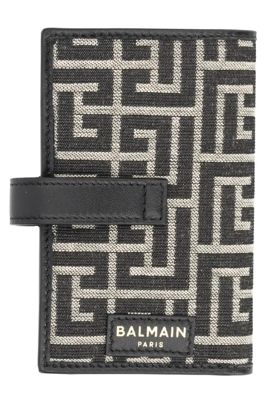 Balmain mens monogram card holder in black and white geometric pattern with leather strap closure