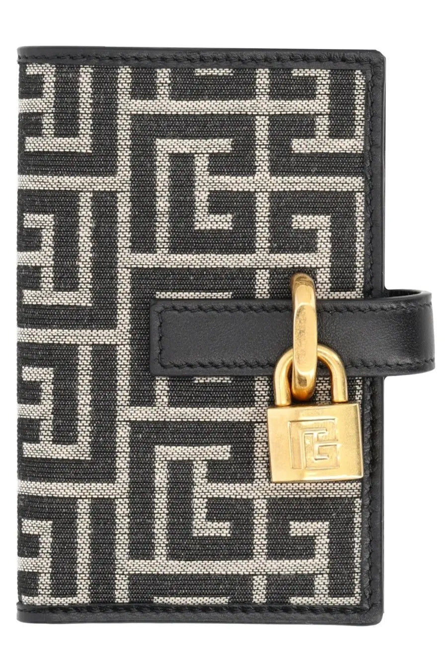 Balmain men’s monogram card holder in black and white geometric pattern with gold-tone padlock clasp